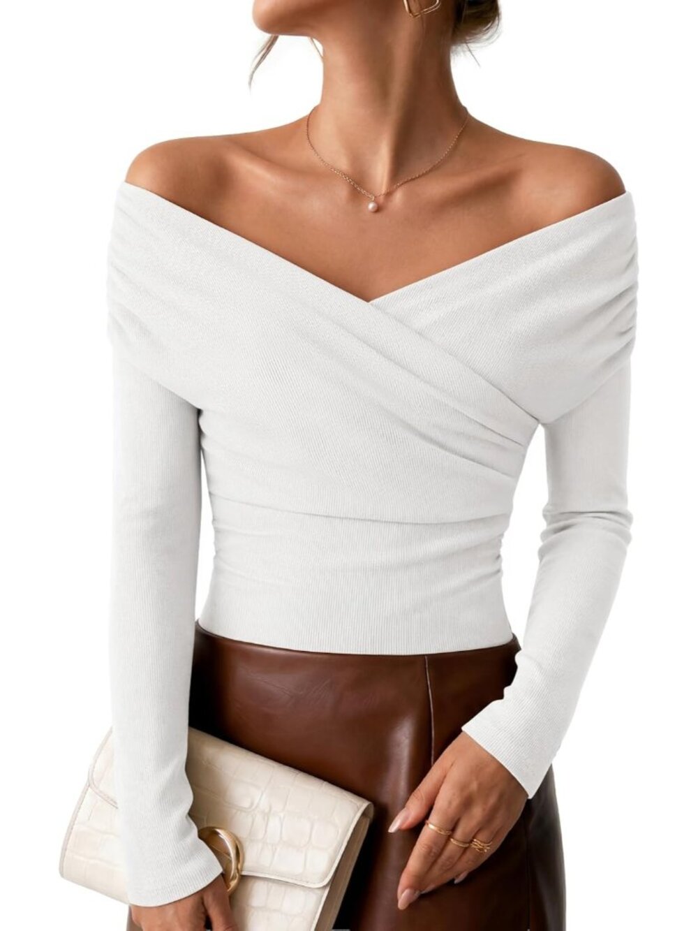 Women's White Off Shoulder Neck Front Ribbed Long Sleeve Casual T-shirt Top